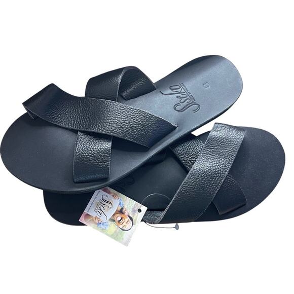 Sseko Black Leather Crossover Slides, lounge, Summer, Beach, Resort, NEW 8 - Picture 1 of 7
